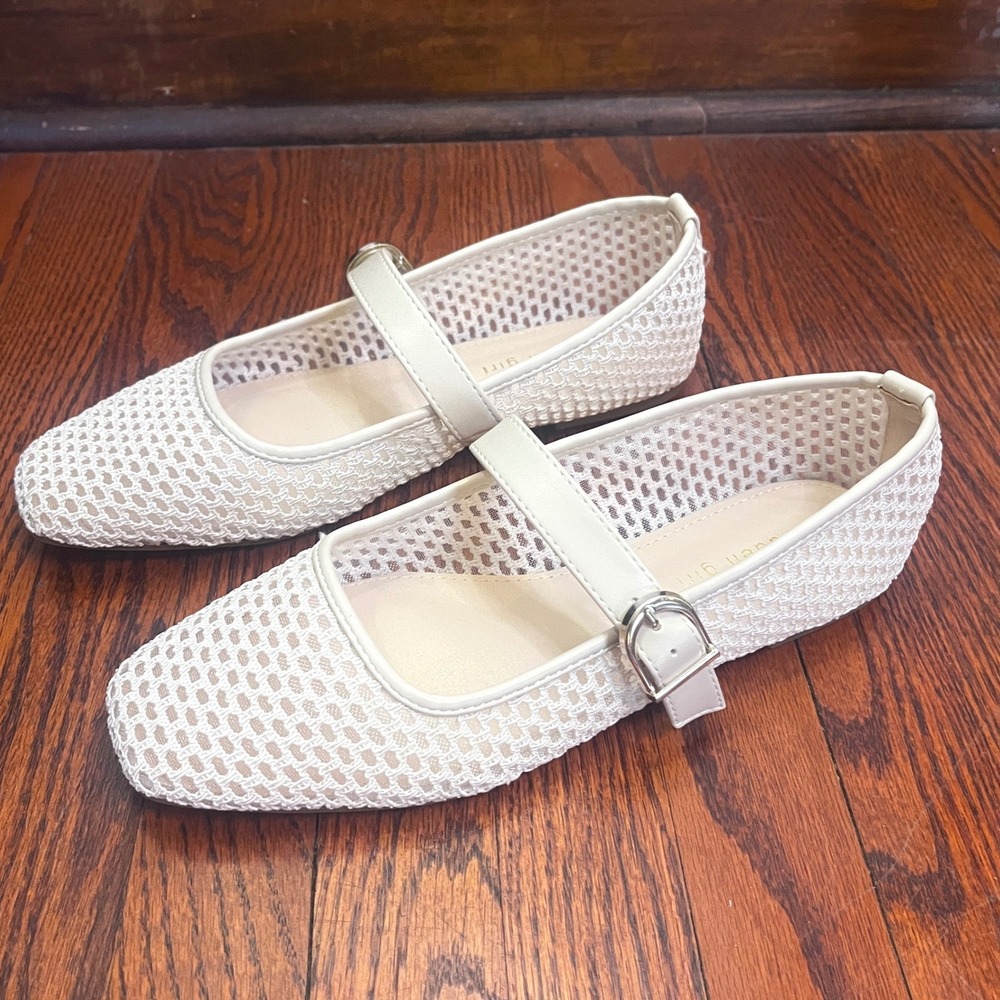 Madden Girl Prentiss Mesh Mary Jane Flats Cream Square Toe Buckle Shoes 9.5